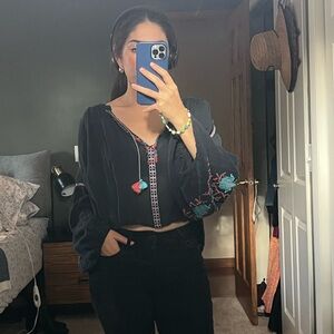 Chic Black Blouse with Vibrant Embroidery